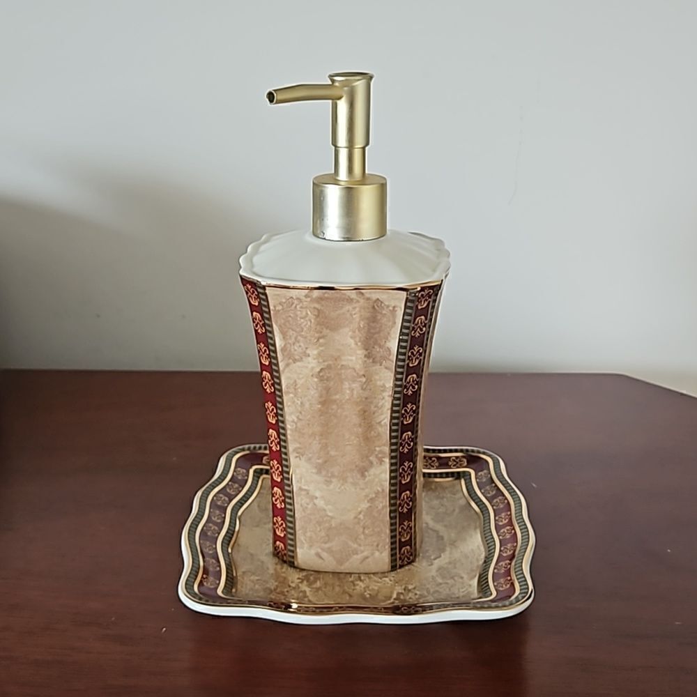 Croscill Townhouse Lotion Dispenser  & Soap Dish Brown/ Burgundy
